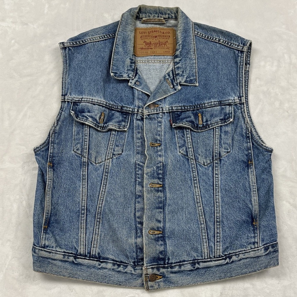 90s Levi Denim Vest womans Large Blue 70595 4891 Trucker Jean Jacket Sleeveless